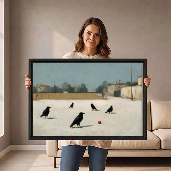 Crows Red Ball Canvas Wall Art held by a standing woman in a neutral room.