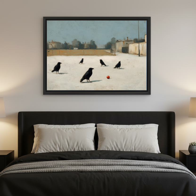 Crows Red Ball Canvas Wall Art framed above a charcoal bed with neutral pillows.