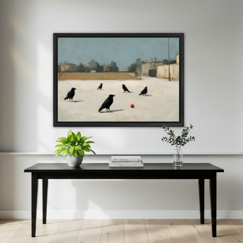 Crows Red Ball Canvas Wall Art framed above a black console with small green plants.