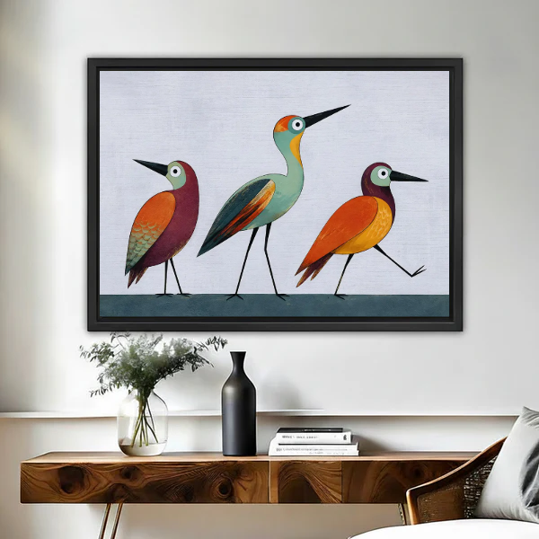 Colorful Birds Canvas Wall Art framed above a wooden console with black and white vases.