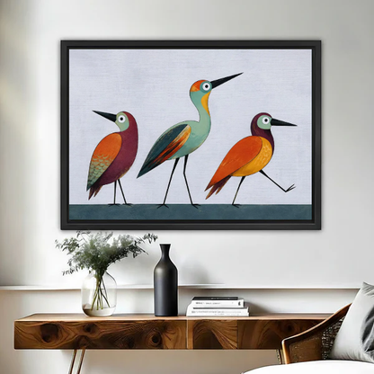 Colorful Birds Canvas Wall Art framed above a wooden console with black and white vases.