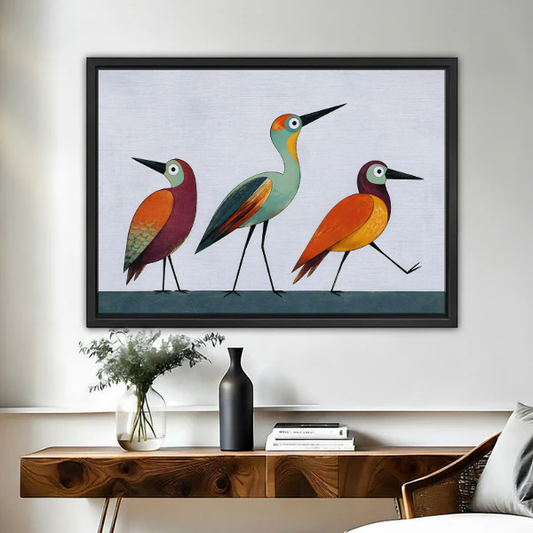 Colorful Birds Canvas Wall Art framed above a wooden console with black and white vases.