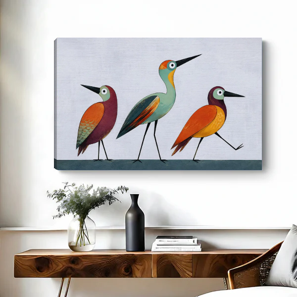 Colorful Birds Canvas Wall Art unframed above a wooden console with simple vases.
