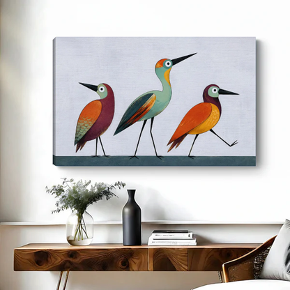 Colorful Birds Canvas Wall Art unframed above a wooden console with simple vases.
