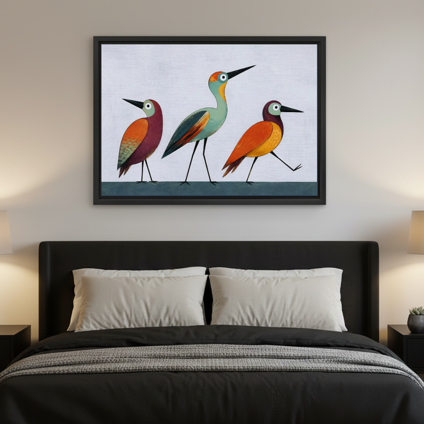Colorful Birds Canvas Wall Art framed above a charcoal bed with neutral pillows.