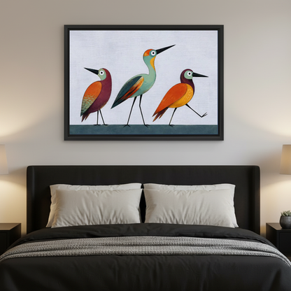 Colorful Birds Canvas Wall Art framed above a charcoal bed with neutral pillows.