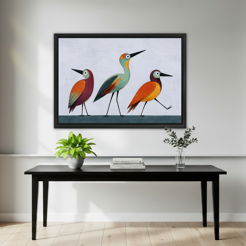 Colorful Birds Canvas Wall Art framed above a black console with small green plants.