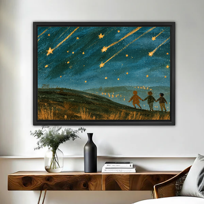 Shooting Stars Canvas Wall Art framed above a wooden console with black and white vases.
