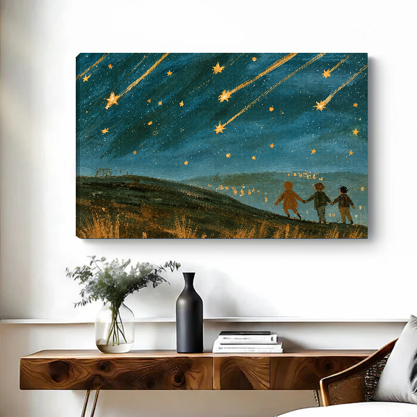 Shooting Stars Canvas Wall Art unframed above a wooden console with simple vases.