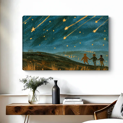 Shooting Stars Canvas Wall Art unframed above a wooden console with simple vases.