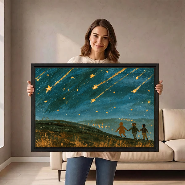 Shooting Stars Canvas Wall Art held by a standing woman in a neutral room.