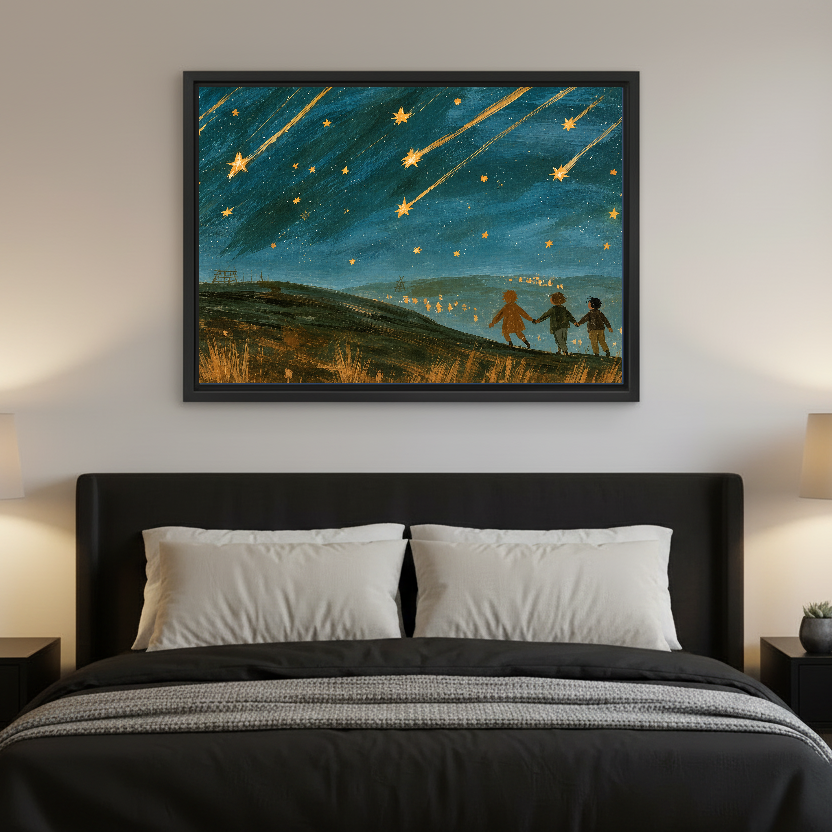 Shooting Stars Canvas Wall Art framed above a charcoal bed with neutral pillows.
