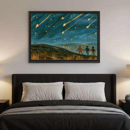 Shooting Stars Canvas Wall Art framed above a charcoal bed with neutral pillows.