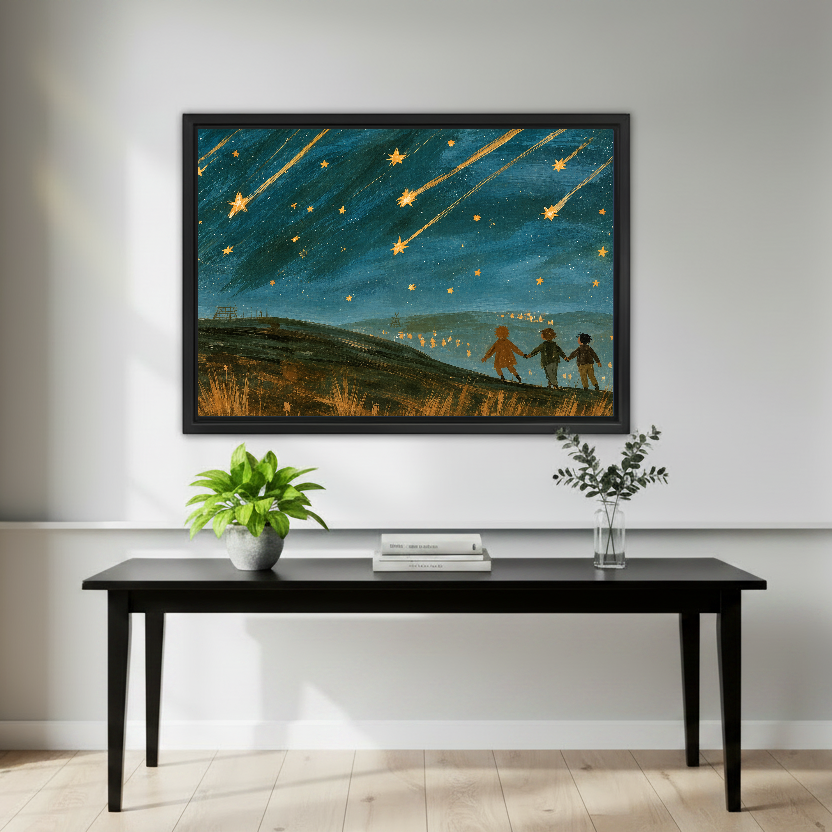 Shooting Stars Canvas Wall Art framed above a black console with small green plants.