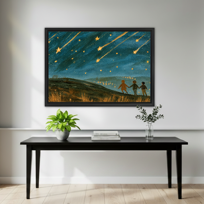 Shooting Stars Canvas Wall Art framed above a black console with small green plants.