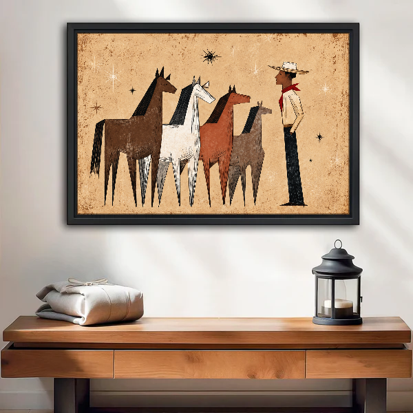 Western Herd Canvas Wall Art framed above a wood console with linen and a lantern.