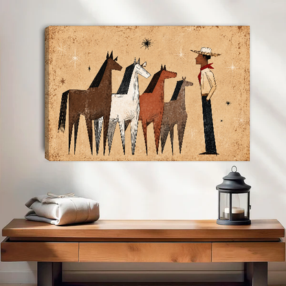 Western Herd Canvas Wall Art unframed above a wood console with linen and a lantern.