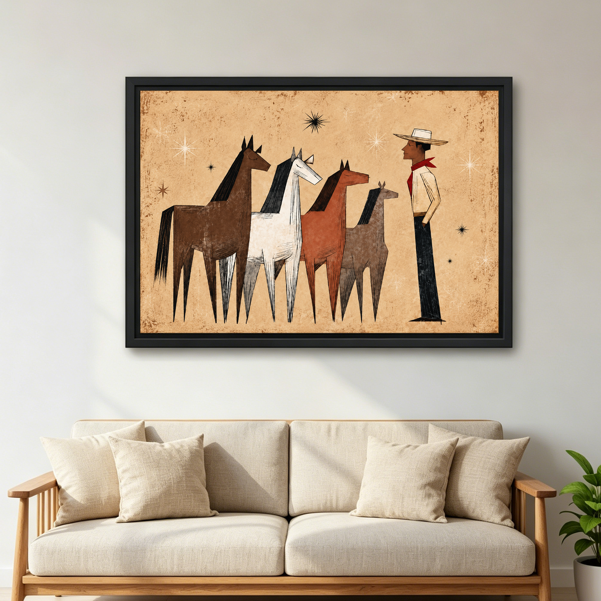 Western Herd Canvas Wall Art framed above a cream sofa with wooden arms.