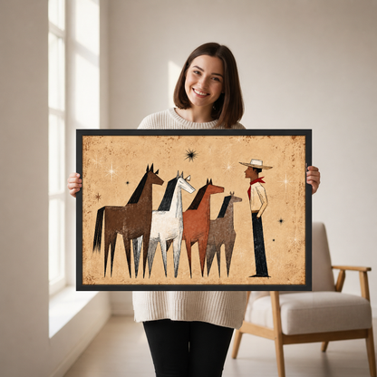 Western Herd Canvas Wall Art held in a black landscape frame by a standing woman.
