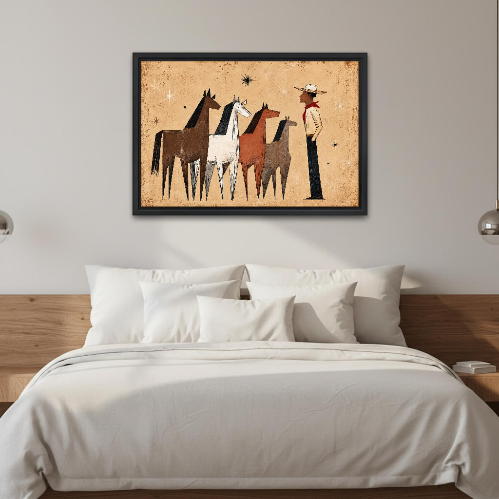Western Herd Canvas Wall Art framed above white bedding and a warm wood headboard.