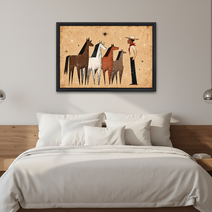Western Herd Canvas Wall Art framed above white bedding and a warm wood headboard.