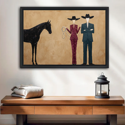 Western Horse Canvas Wall Art framed above a wood console with linen and a lantern.