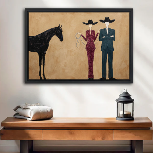 Western Horse Canvas Wall Art framed above a wood console with linen and a lantern.