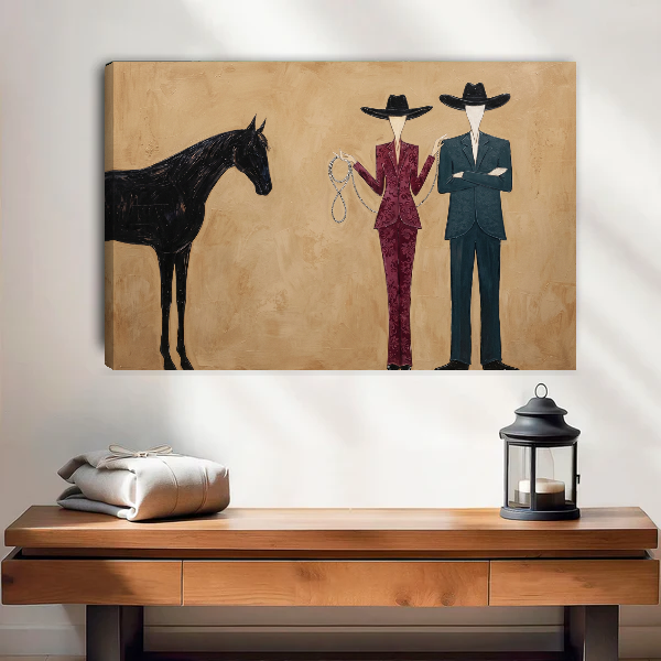 Western Horse Canvas Wall Art unframed above a wood console with linen and a lantern.