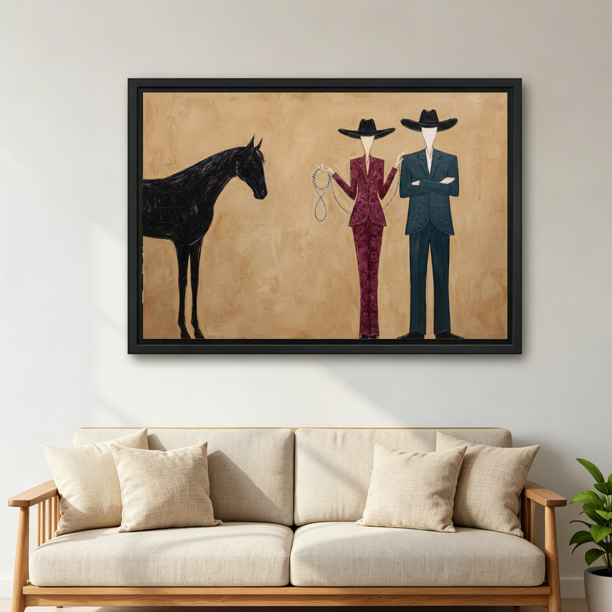 Western Horse Canvas Wall Art framed above a cream sofa with wooden arms.