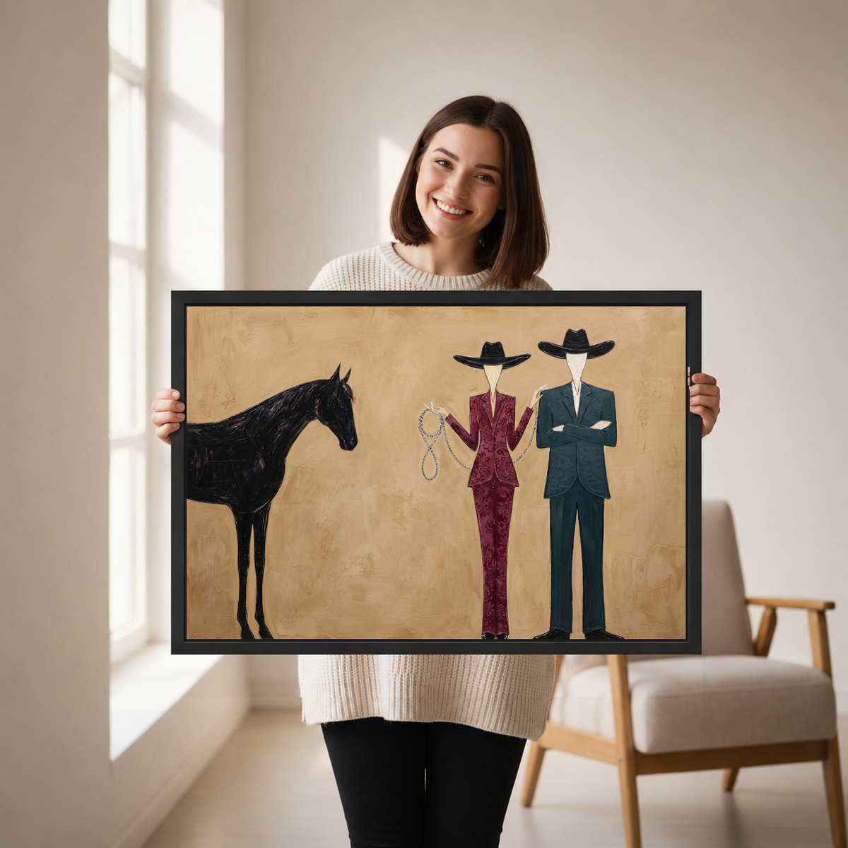 Western Horse Canvas Wall Art held in a black landscape frame by a standing woman.