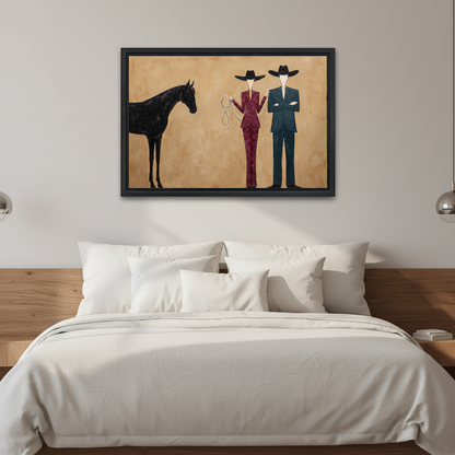 Western Horse Canvas Wall Art framed above white bedding and a warm wood headboard.