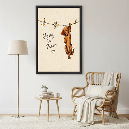 Hang In There Canvas Wall Art framed beside a wicker armchair with floor lamp.