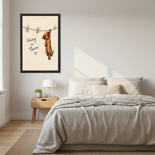 Hang In There Canvas Wall Art framed above a cream bed with wooden nightstands.