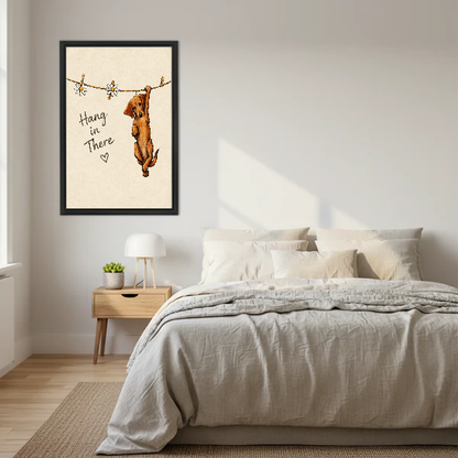 Hang In There Canvas Wall Art framed above a cream bed with wooden nightstands.