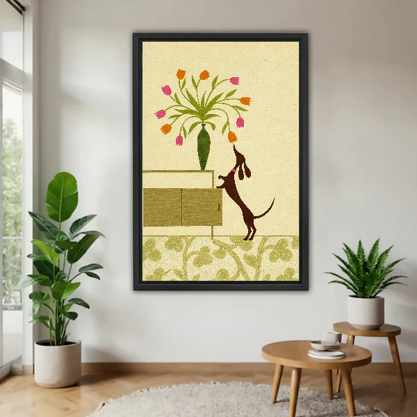 Tulip Dachshund Canvas Wall Art framed above a wood table with green plants.