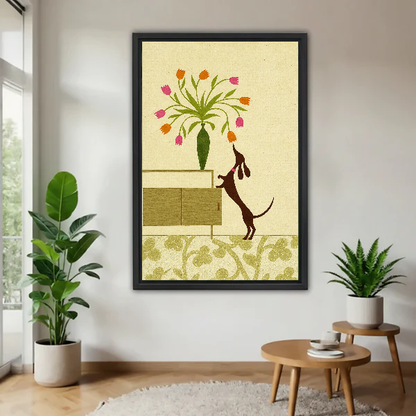 Tulip Dachshund Canvas Wall Art framed above a wood table with green plants.