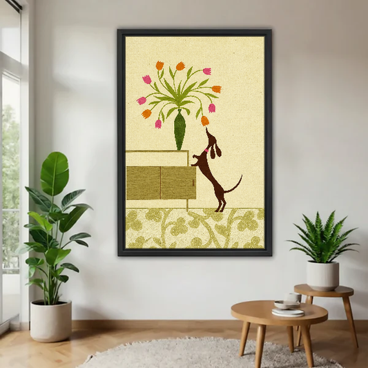 Tulip Dachshund Canvas Wall Art framed above a wood table with green plants.