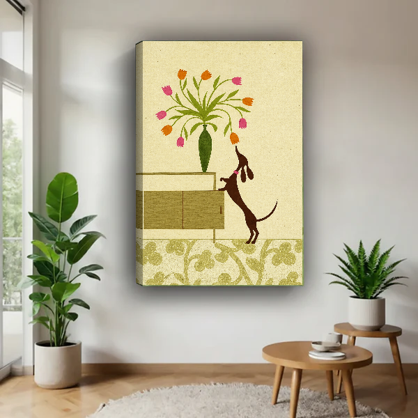 Tulip Dachshund Canvas Wall Art unframed above a wood table with green plants.