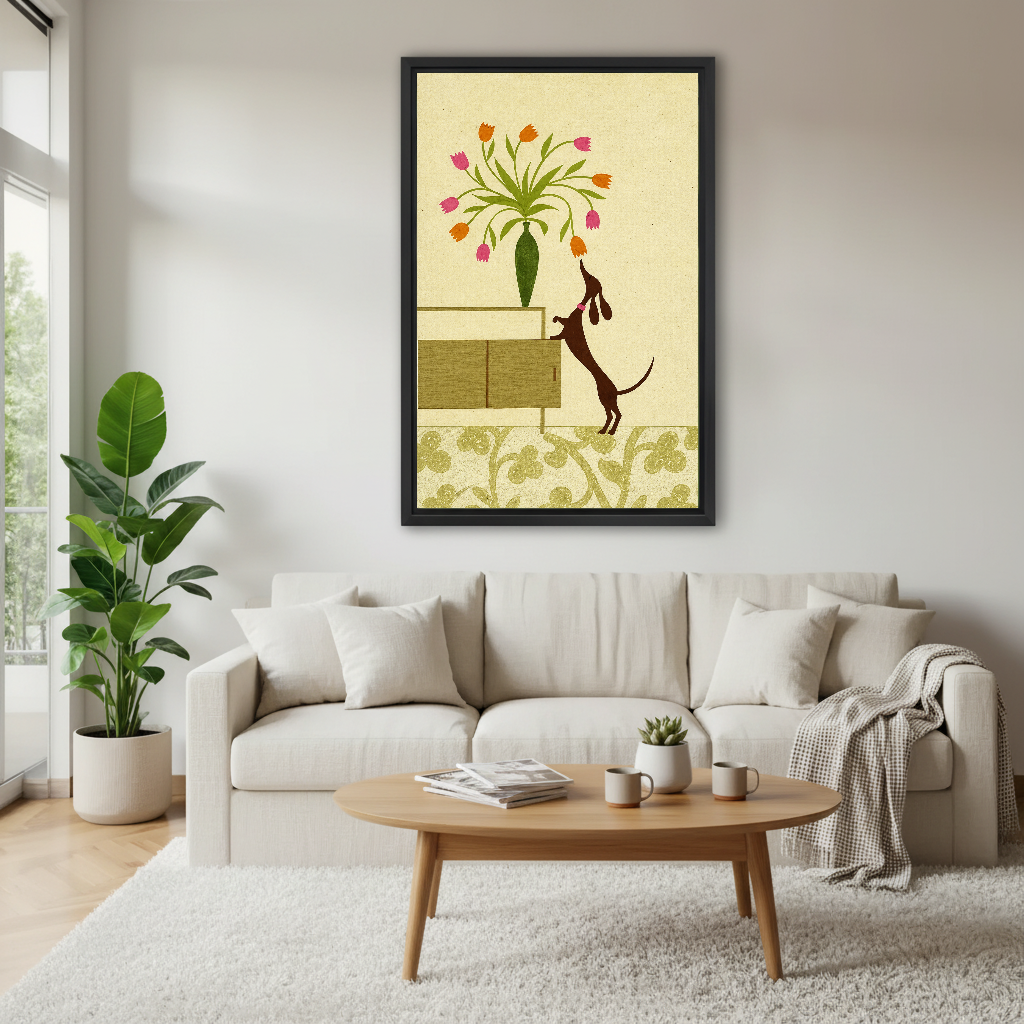 Tulip Dachshund Canvas Wall Art framed above a white sofa and round coffee table.