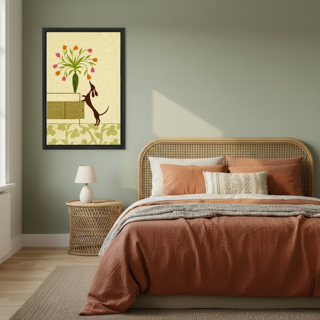 Tulip Dachshund Canvas Wall Art framed above copper bedding against a muted olive wall.