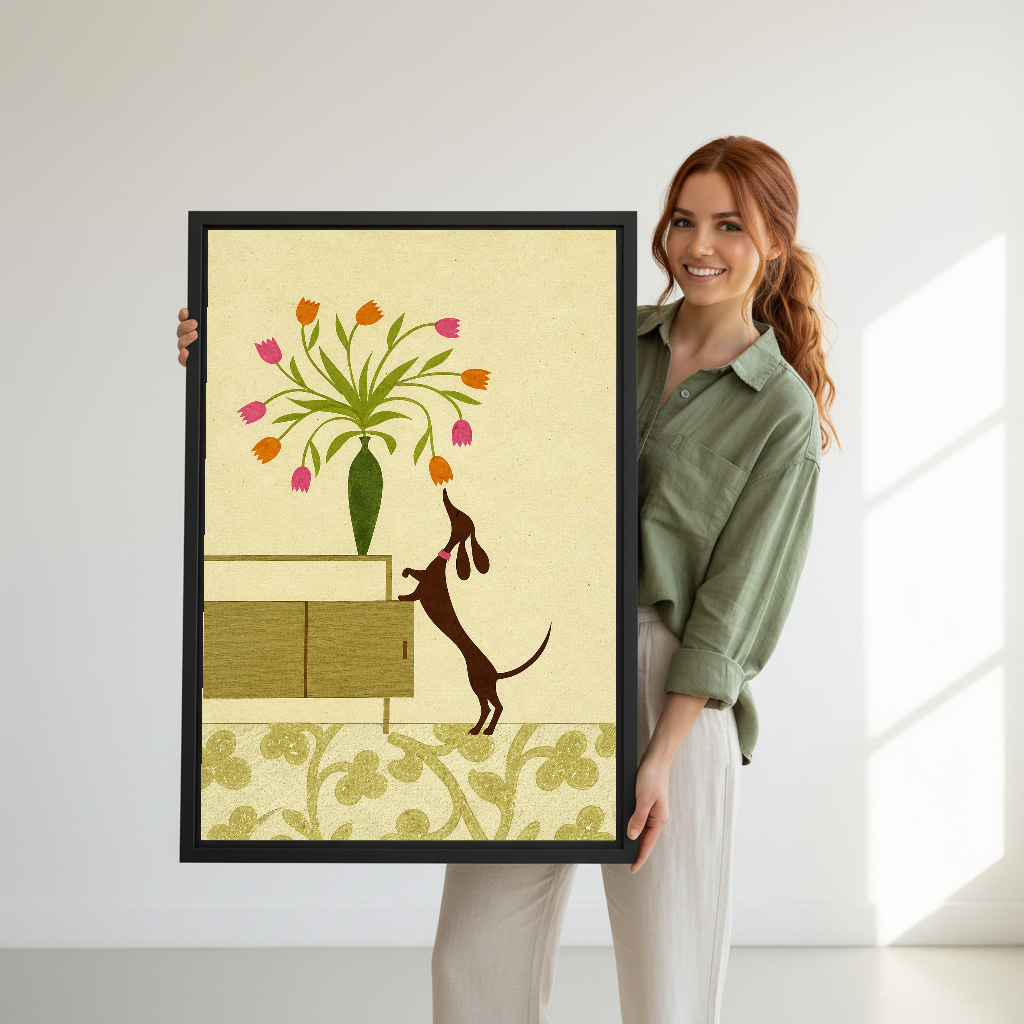 Tulip Dachshund Canvas Wall Art held in a black frame by a woman wearing green.