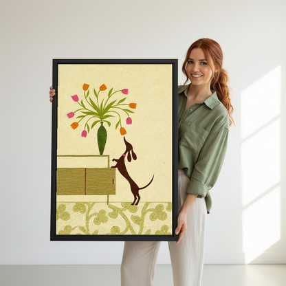Tulip Dachshund Canvas Wall Art held in a black frame by a woman wearing green.