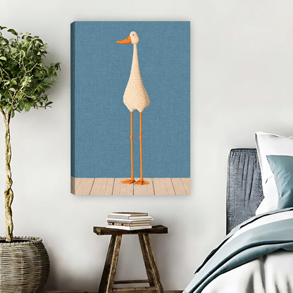 Tall Goose Canvas Wall Art unframed beside blue bedding and a leafy plant.