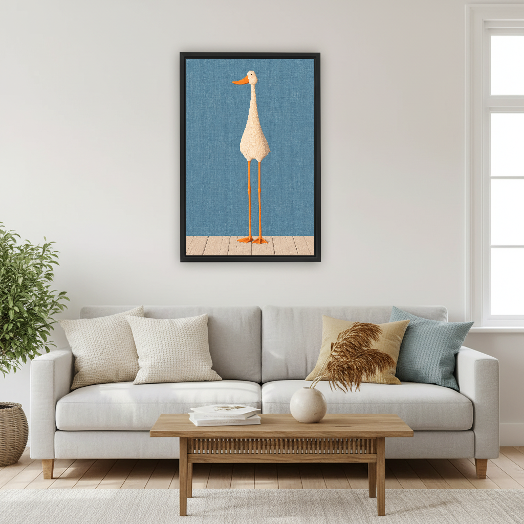 Tall Goose Canvas Wall Art framed above a pale gray sofa and wood table.