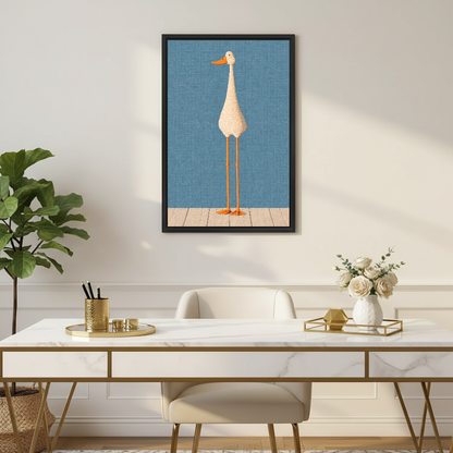 Tall Goose Canvas Wall Art framed above a white desk with flowers and a chair.