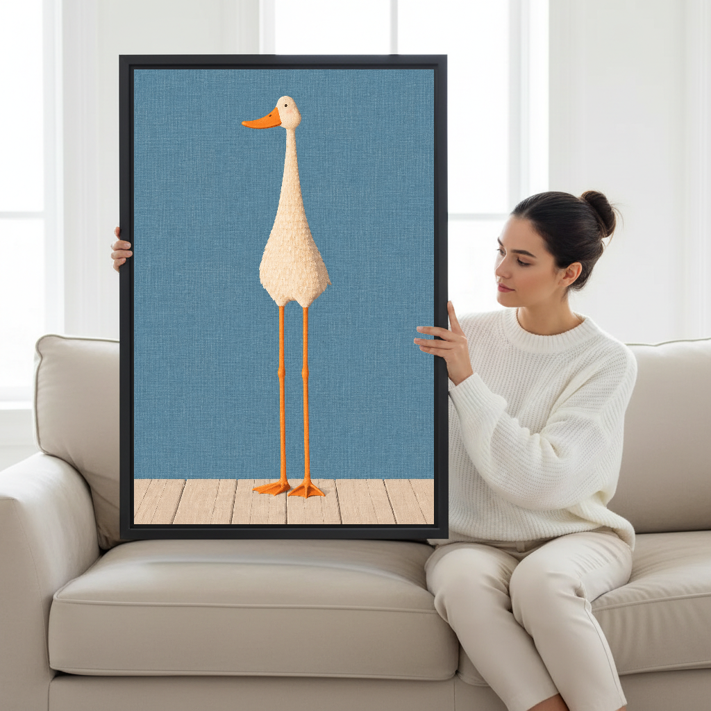 Tall Goose Canvas Wall Art held by a seated woman on a pale sofa.