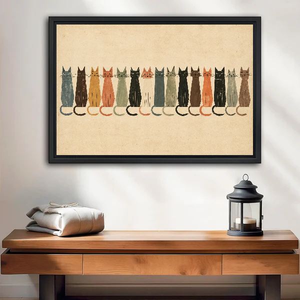 Cat Parade Canvas Wall Art framed above a wood console with linen and a lantern.