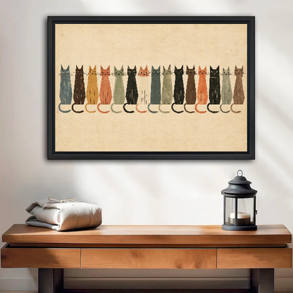 Cat Parade Canvas Wall Art framed above a wood console with linen and a lantern.