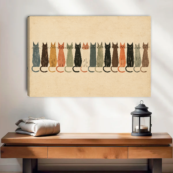 Cat Parade Canvas Wall Art unframed above a wood console with linen and a lantern.