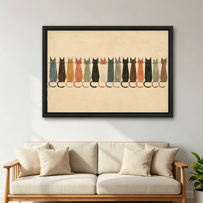 Cat Parade Canvas Wall Art framed above a cream sofa with wooden arms.